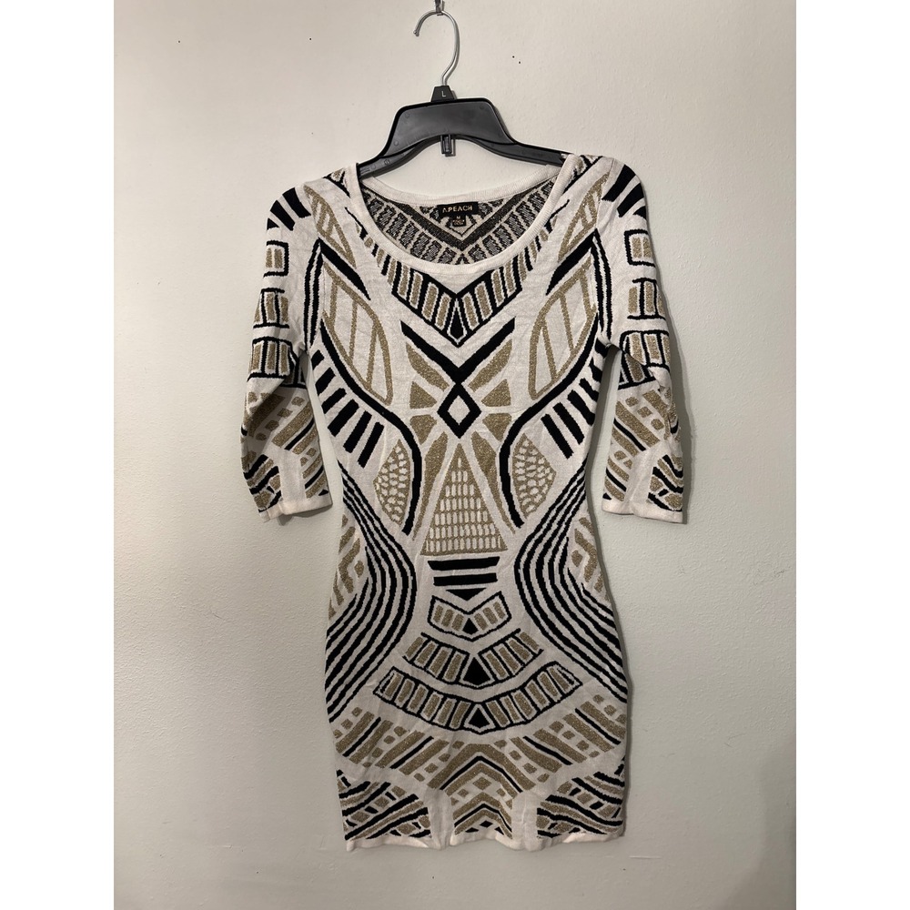 Apeach Bodycon Sweater Dress Womens M White Gold Excellent Geometric Mini